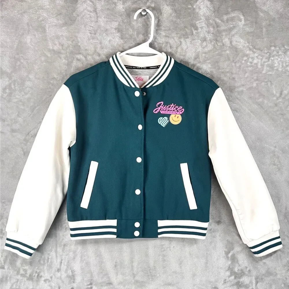 Justice Girls Varsity Bomber Jacket Size 10 Teal White Faux Leather Graphic Y2K